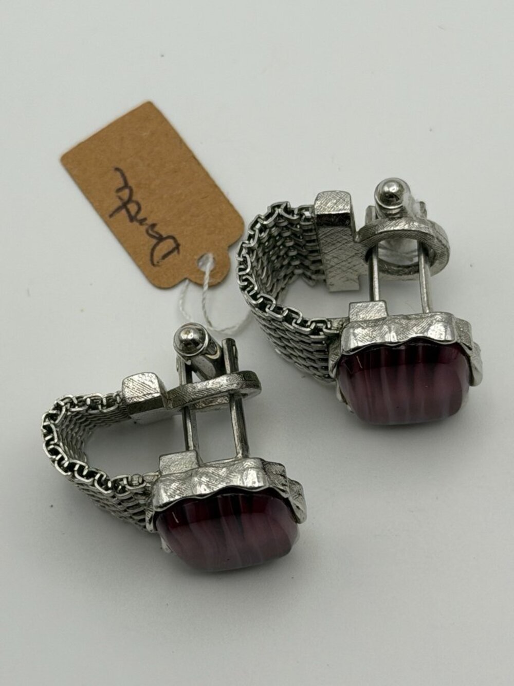 Vintage Dante Purple Rivoli Stone Silver-Tone Mesh Wrap Cufflinks - Picture 3 of 7